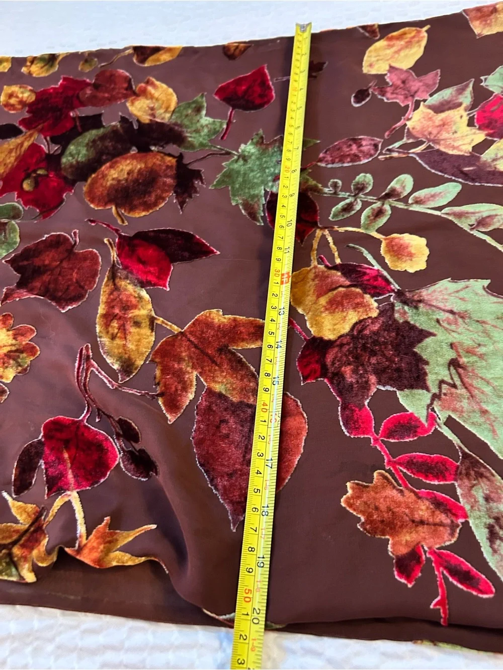 Vintage Autumn Floral Velvet Burnout Scarf in Brown, Red, Gold, Green leaves